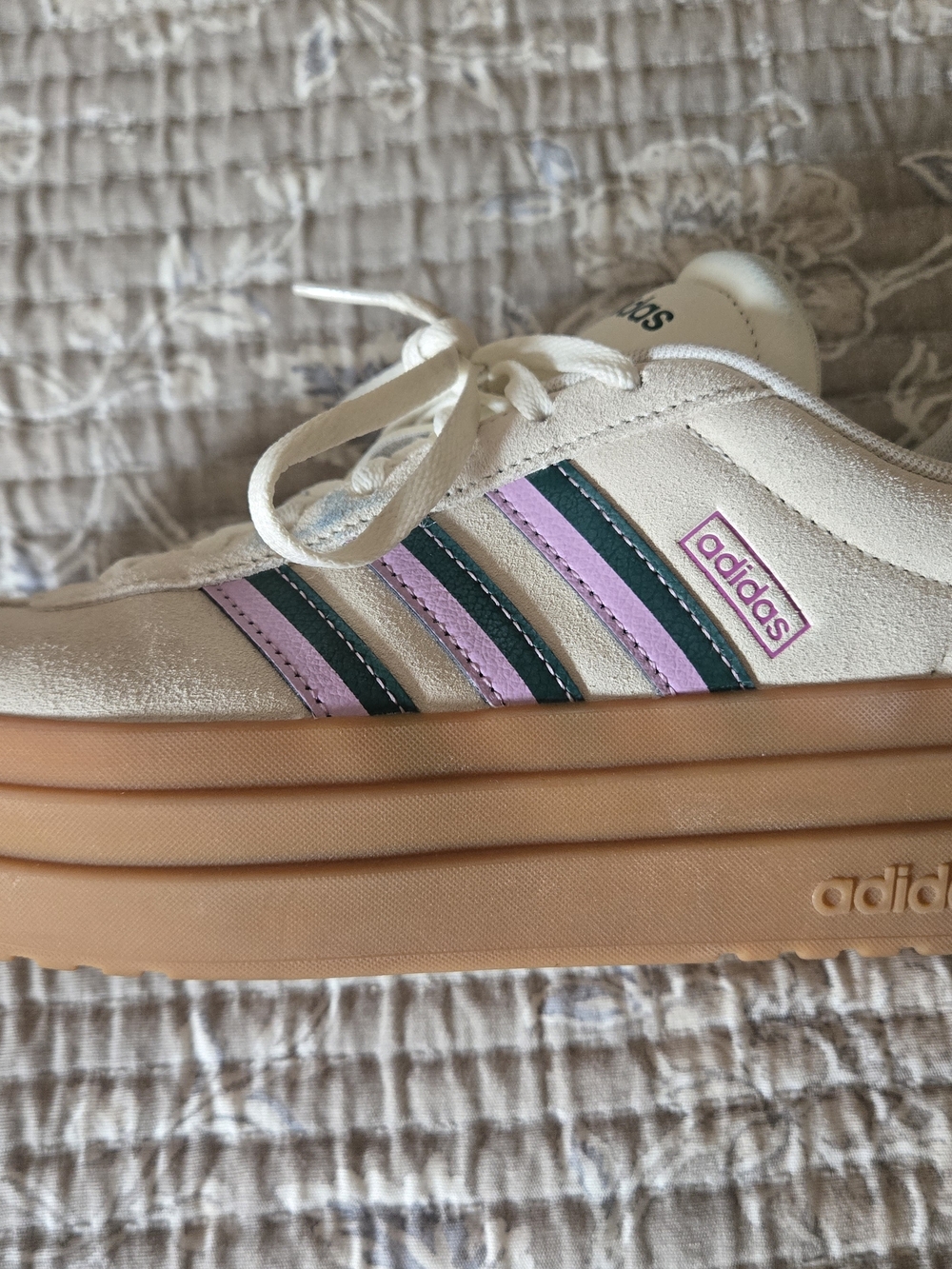 adidas Women’s Cream Platform Sneakers with Pink & Dark Green Stripes